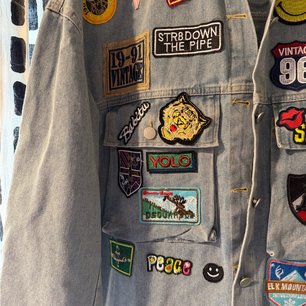Boutique Denim Jacket with Colorful Patches - Picture 2 of 5